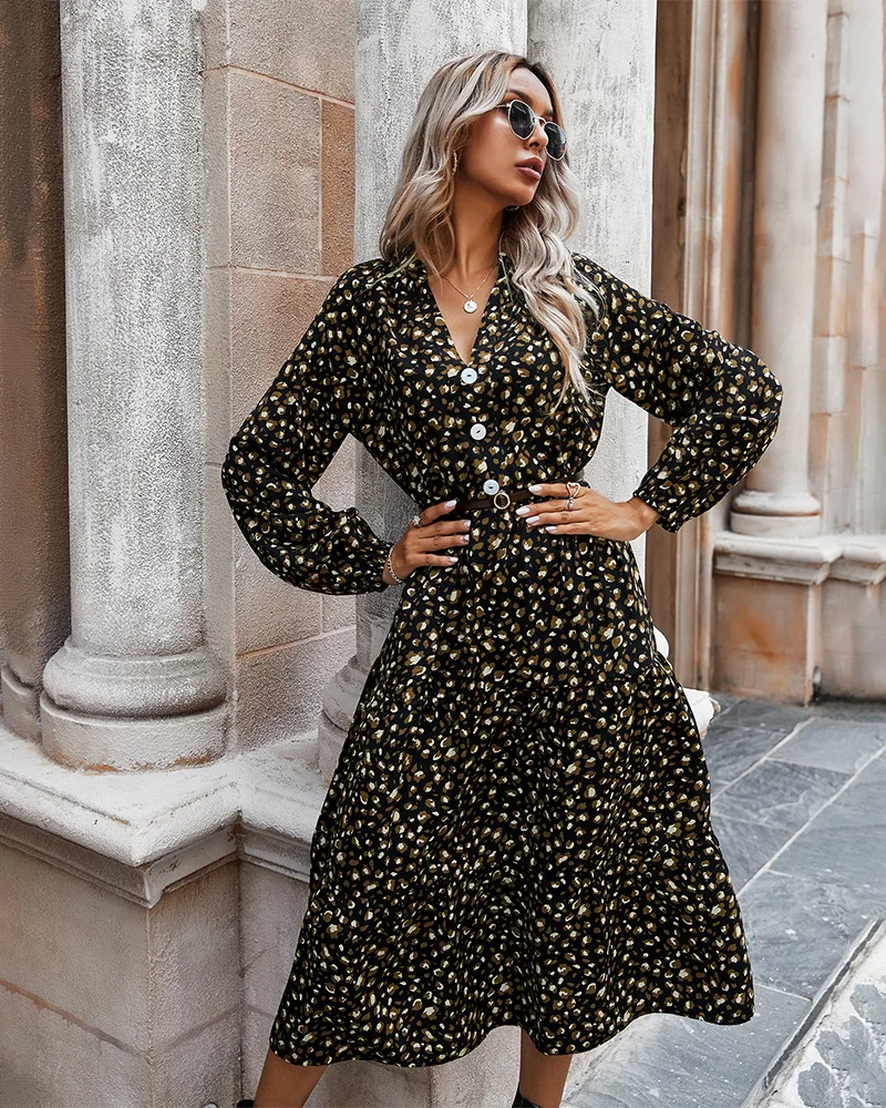 Autumn Elegant Women's Long Sleeve Leopard Dress V-neck Cotton Floral Short Dress Commuter Clothing High Waist One-piece Dress
Autumn Elegant Women's Long Sleeve Leopard Dress V-neck Cotton Floral Short Dress Commuter Clothing High Waist One-piece Dress