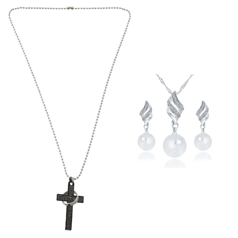 Men's Stainless Steel Cross & Ring Chain Pendant Necklace & Gold Platinum Plated Pearl Screw Necklace/Earrings White 
Men's Stainless Steel Cross & Ring Chain Pendant Necklace & Gold Platinum Plated Pearl Screw Necklace/Earrings White