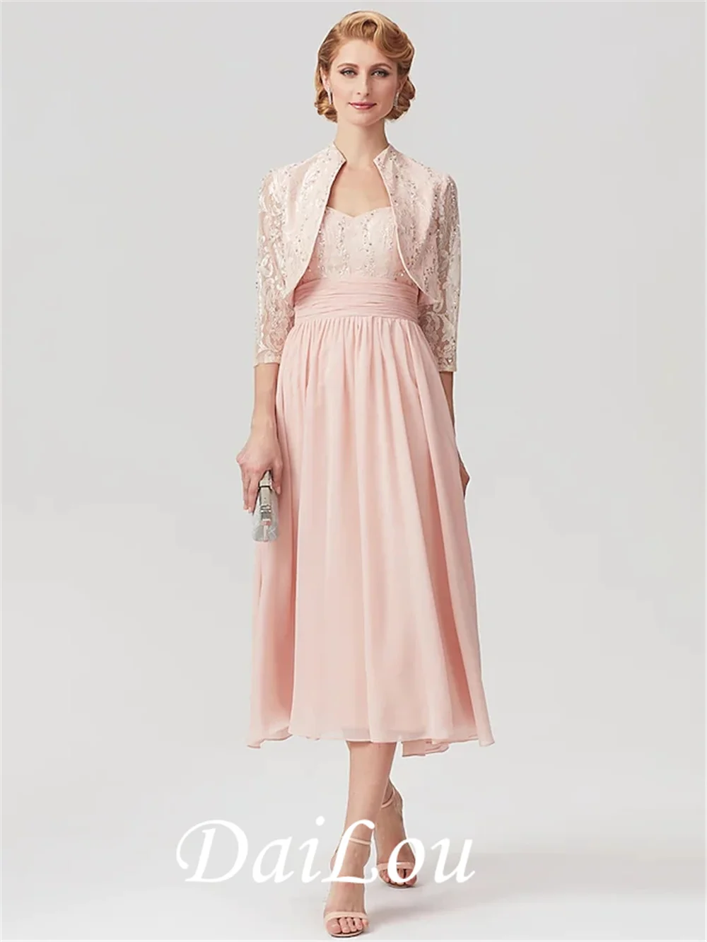 Two Piece A-Line Mother of the Bride Dress Elegant Wrap Included Tea Length Chiffon Lace with Ruched Beading Sequin 2021 
Two Piece A-Line Mother of the Bride Dress Elegant Wrap Included Tea Length Chiffon Lace with Ruched Beading Sequin 2021