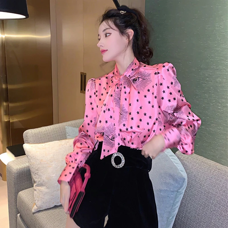 TWOTWINSTYLE Printed Chiffon Shirt For Women Bow Collar Lantern Sleeve Lace Up Casual Elegant Blouse Female Fashion New Stylish | Женская