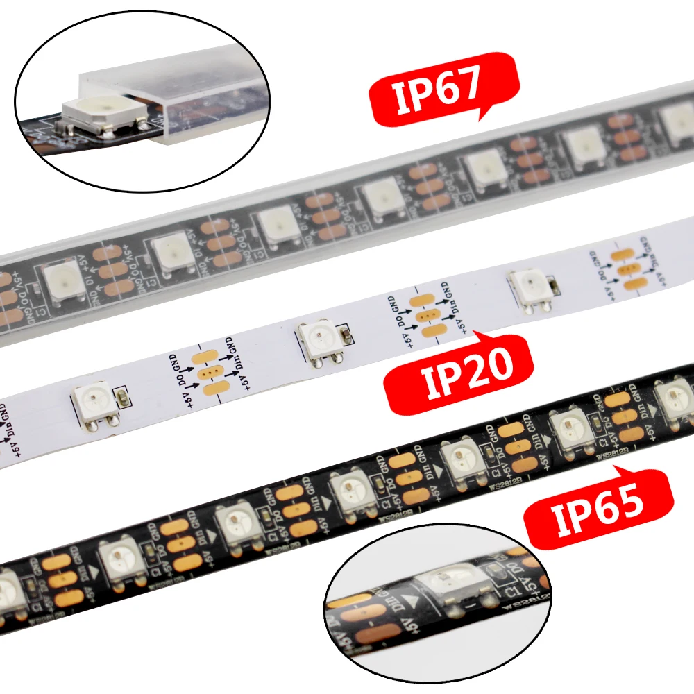 

1m 2m 3m 30 60 Leds/m Rgb Addressable Led Strip Light 5v WS2812 Built-in 5050 SMD Rgb Ws2812b Led Stip Waterproof IP20 IP65 IP67