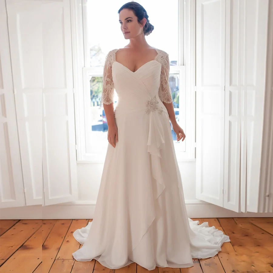 Simple Plus Size Sweetheart Wedding Dress Half Sleeve Lace Pleats Chiffon Sweep Train Bridal Gowns Custom Made
Simple Plus Size Sweetheart Wedding Dress Half Sleeve Lace Pleats Chiffon Sweep Train Bridal Gowns Custom Made