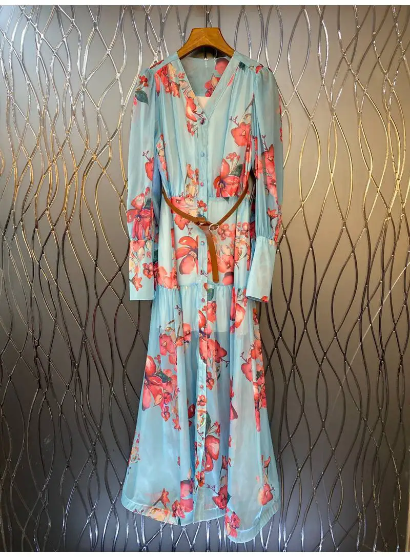 Blue Pink Long Dress 2022 Spring Summer High Quality Clothing Women V-Neck Sweet Floral Print Belt Deeco Long Sleeve Dress Maxi
Blue Pink Long Dress 2022 Spring Summer High Quality Clothing Women V-Neck Sweet Floral Print Belt Deeco Long Sleeve Dress Maxi