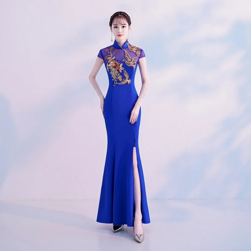 

Женское атласное вечернее платье-Ципао с цветочной аппликацией, новое винтажное облегающее платье большого размера с воротником-стойкой, ...