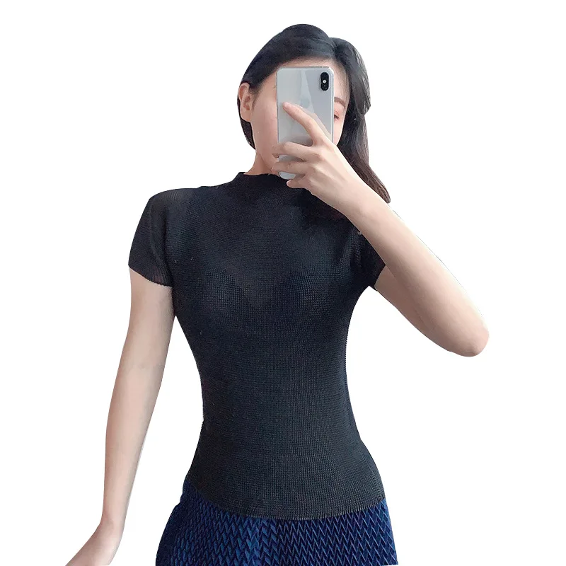 Short Tops Summer Women 2021 Small Turtleneck Short Sleeved Big Stretch Miyake Pleated Casual Thin T-Shirts Slightly Transparent
Short Tops Summer Women 2021 Small Turtleneck Short Sleeved Big Stretch Miyake Pleated Casual Thin T-Shirts Slightly Transparent