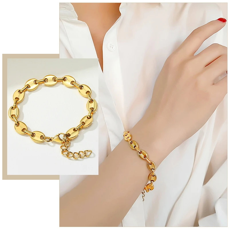 Basic Coffee Beans Link Chain Bracelets for Women 8.5 mm Stainless Steel Gold Color Wrist Jewelry Gifts for Her 
Basic Coffee Beans Link Chain Bracelets for Women 8.5 mm Stainless Steel Gold Color Wrist Jewelry Gifts for Her