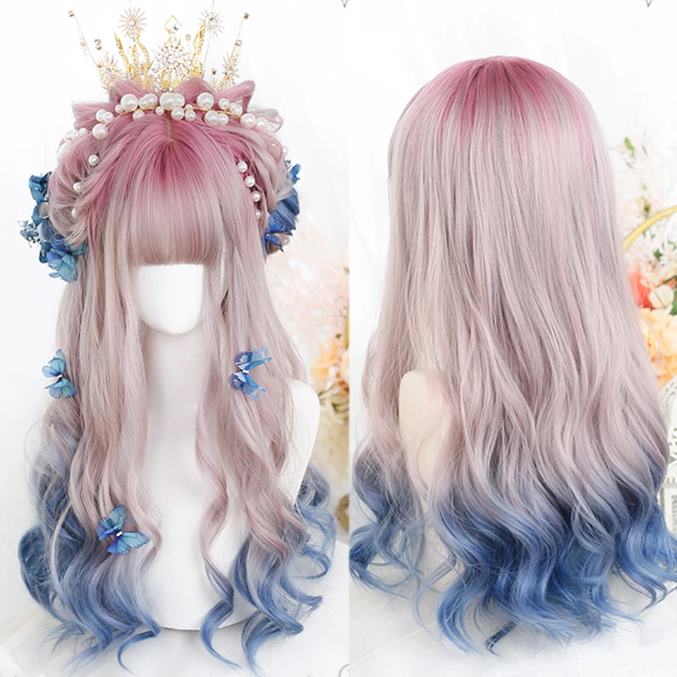 

MEIFAN Synthetic Long Lolita Ombre Colorful Wig Harajuku Hair With Bang Red Blue Wave Curly Cosplay Wig Heat Resistant Wigs