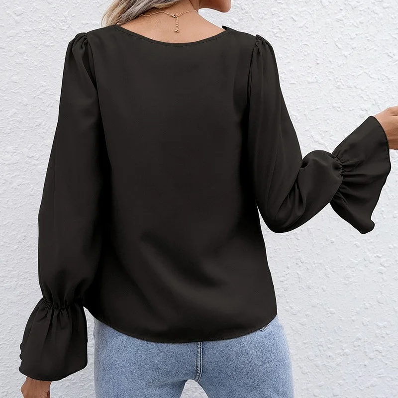 Lace Chiffon Blouse Women Autumn Winter Top V-neck Flare Long Sleeve Solid Color Loose Casual Office Lady Black White Sexy Blusa
Lace Chiffon Blouse Women Autumn Winter Top V-neck Flare Long Sleeve Solid Color Loose Casual Office Lady Black White Sexy Blusa