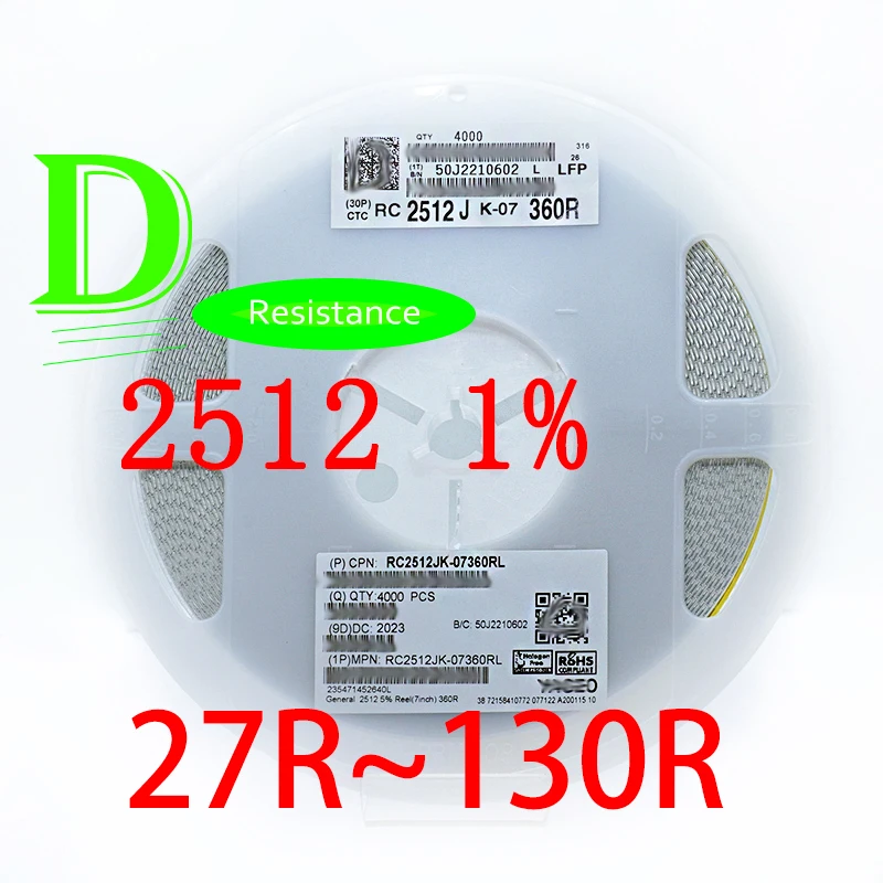 

50 шт. SMD резистор 2512 1% RC2512FK-07 серии 27R 30R 33R 36R 39R 43R 47R 49.9R 51R 56R 62R 68R 75R 82R 91R 100R 110R 120R 130R