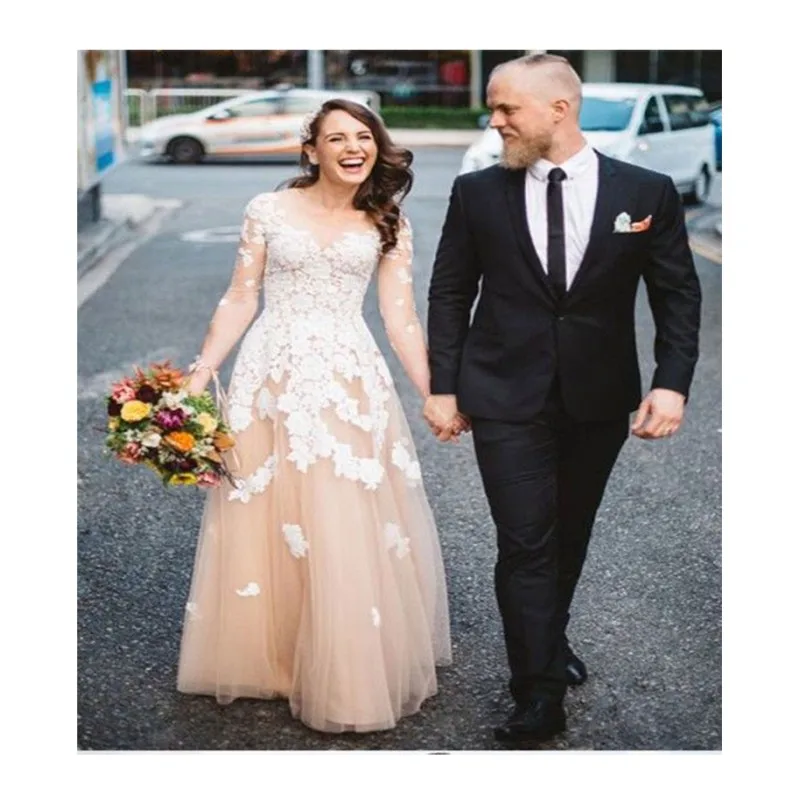 JIERUIZE Sheer Long Sleeve Wedding Dress Scoop Neck Bridal Gown A Line Tulle Lace Applique Lace Up Wedding Gowns
JIERUIZE Sheer Long Sleeve Wedding Dress Scoop Neck Bridal Gown A Line Tulle Lace Applique Lace Up Wedding Gowns