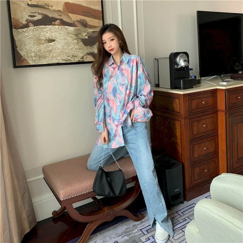 Long-sleeved blouse female design niche Korean loose wild shirt autumn fat sister 100kg plus size women clothing trend colorful | Женская