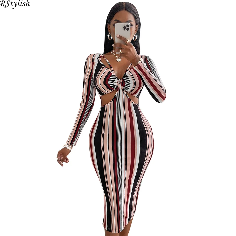 RStylish Stripe Printed V-neck Long Sleeve Bodycon Dress Spring 2022 Sexy Cut Out Women Party Night Club Dresses
RStylish Stripe Printed V-neck Long Sleeve Bodycon Dress Spring 2022 Sexy Cut Out Women Party Night Club Dresses