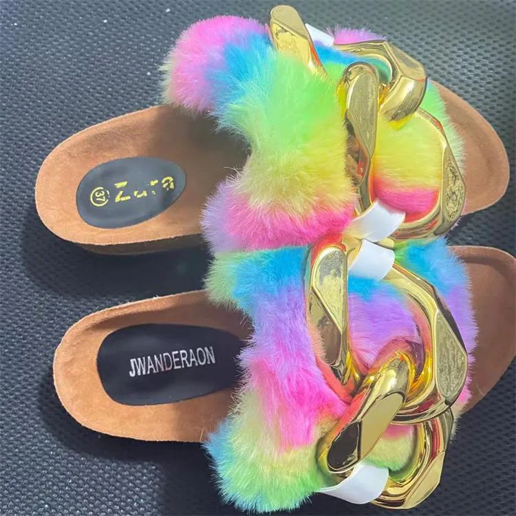 Woman's Slipper female new rainbow wool metal buckle a word cool slipper female outer wear flip flop platform furry slides
Woman's Slipper female new rainbow wool metal buckle a word cool slipper female outer wear flip flop platform furry slides