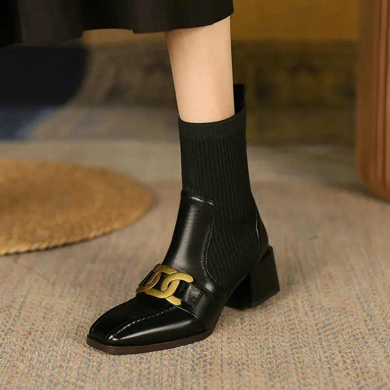 Fashion Cow-leather Sock Boots Woman Fashion Comfort Square Toe Chunky Heel Ankle Boots Lady Daily Retro Short Boots Black
Fashion Cow-leather Sock Boots Woman Fashion Comfort Square Toe Chunky Heel Ankle Boots Lady Daily Retro Short Boots Black