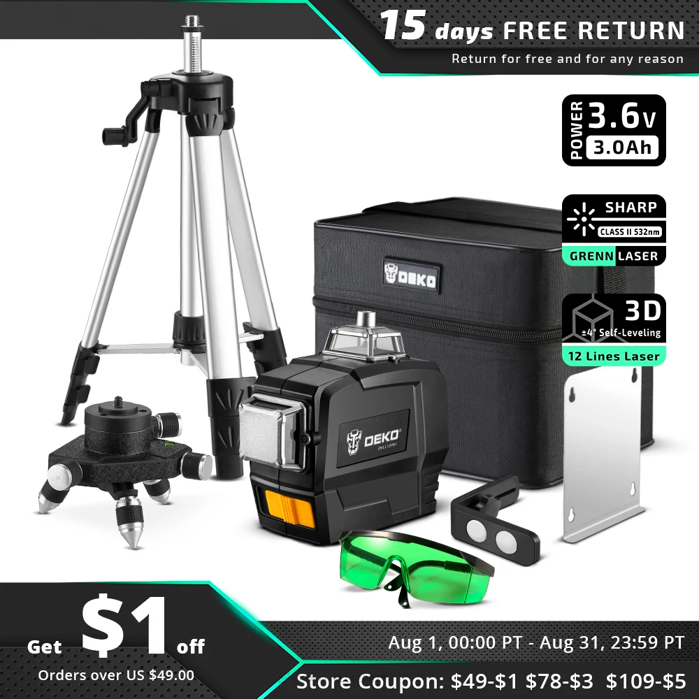 DEKO DC Series 12 Lines 3D Green Laser Level Horizontal And Vertical Cross Lines With Auto Self-Leveling Laser Level 360
DEKO DC Series 12 Lines 3D Green Laser Level Horizontal And Vertical Cross Lines With Auto Self-Leveling Laser Level 360