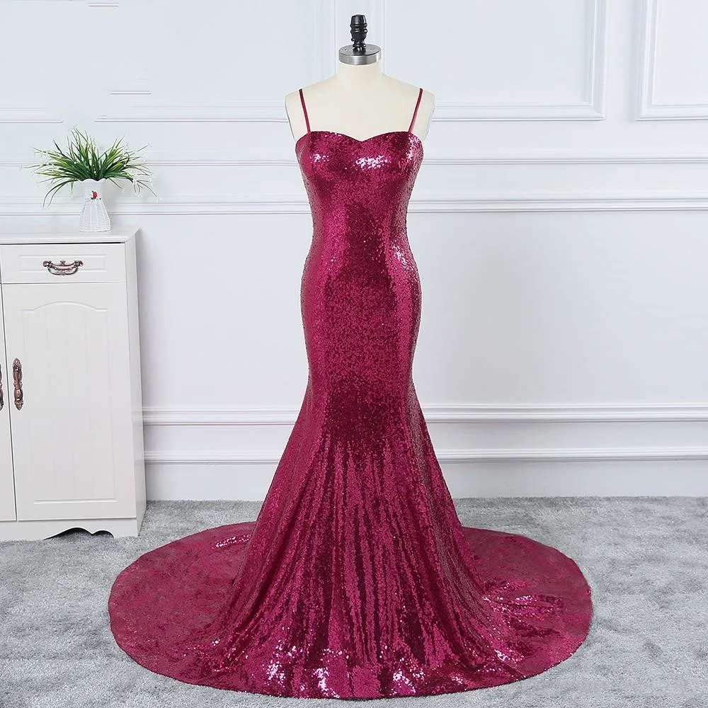 

Fashion Sequined Dresses Evening pageant Party Wear For Women With Spaghetti Straps Mermaid Sweep Train Long Cheap Prom Dresses