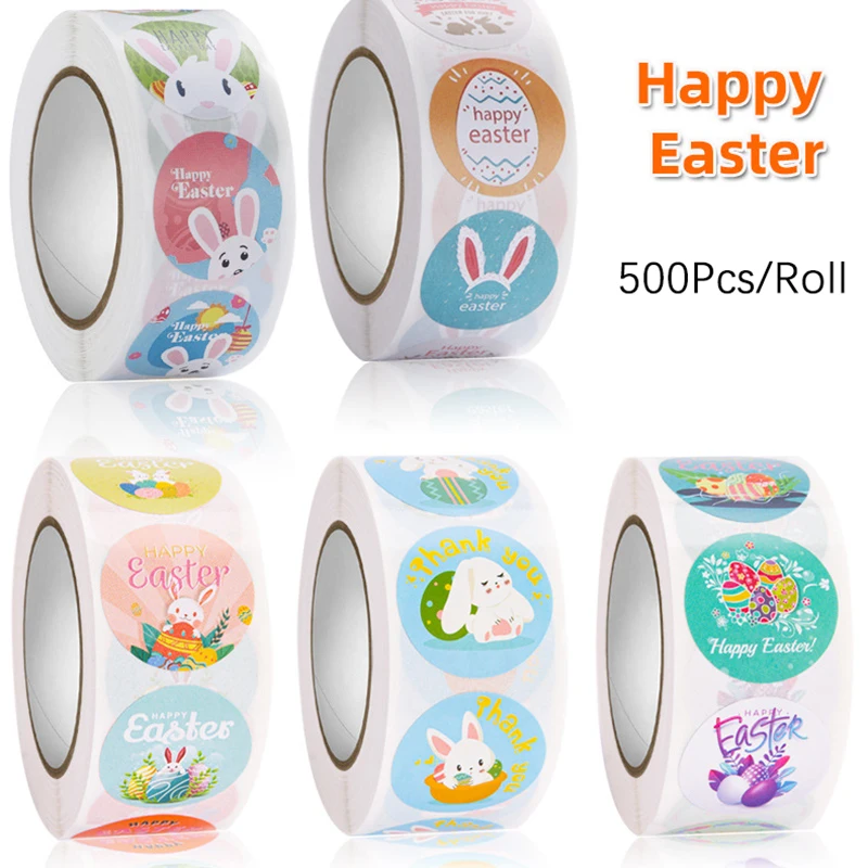 

500pcs/roll Easter Stickers 8 Patterns Easter Self-Adhesive Easter Bunny Decorative Stickers Easter Eggs for Party Supplies