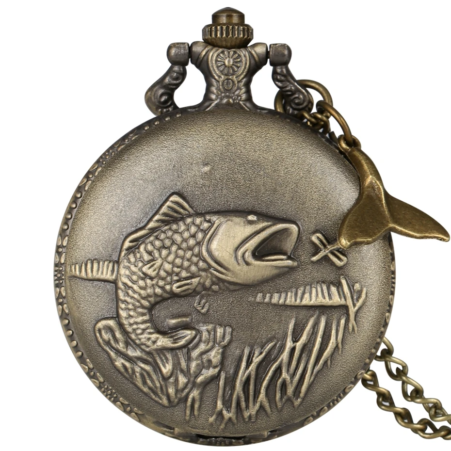Delicate Carved Fish Quartz Pocket Watch Punk Fishmen Fishing Necklace Pendant FOB Chain Clock for Men with Tail Accessory | Наручные