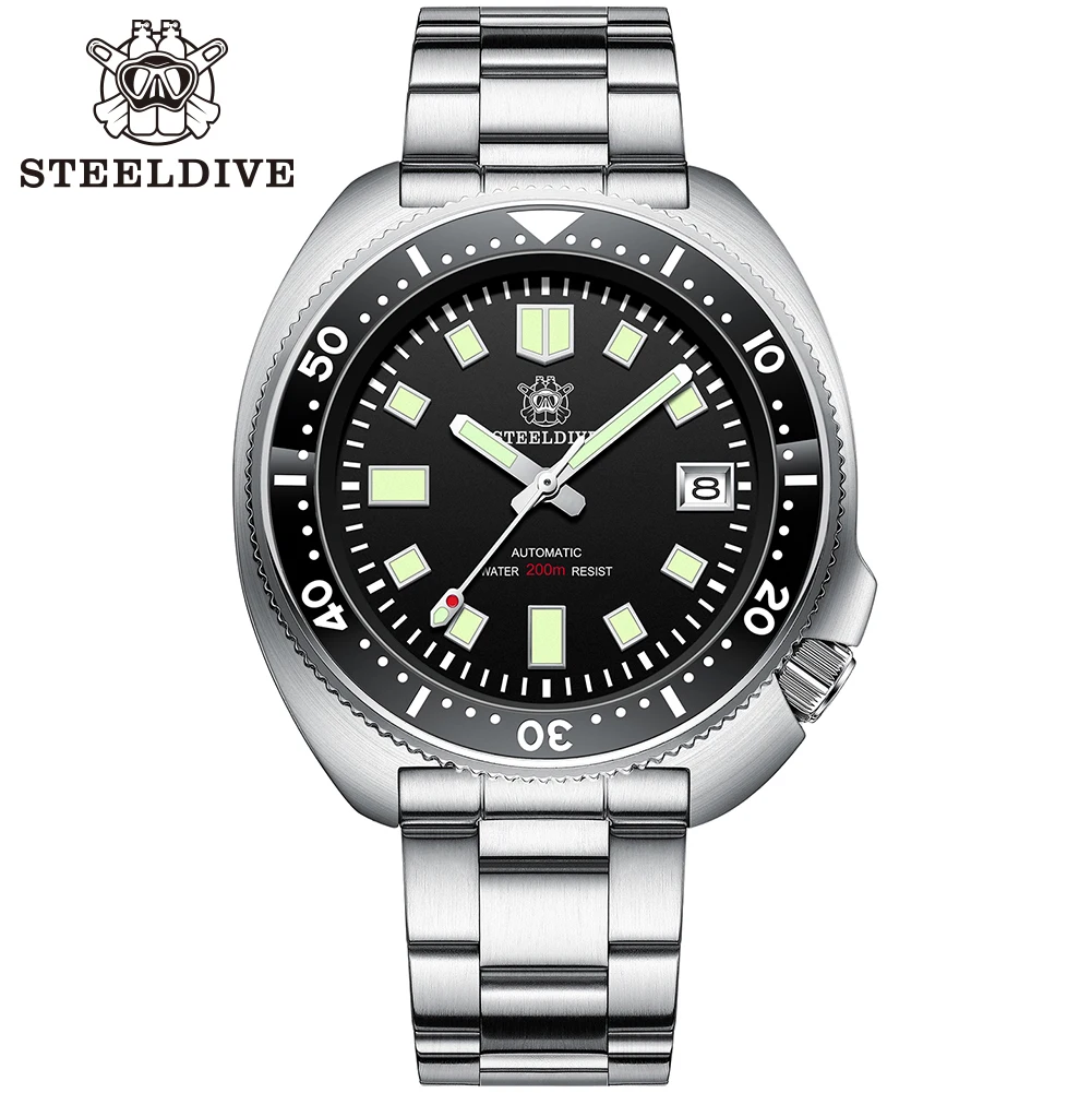 Водонепроницаемые часы для дайвинга Steeldive SD1970 на белом фоне даты 200 м NH35 6105