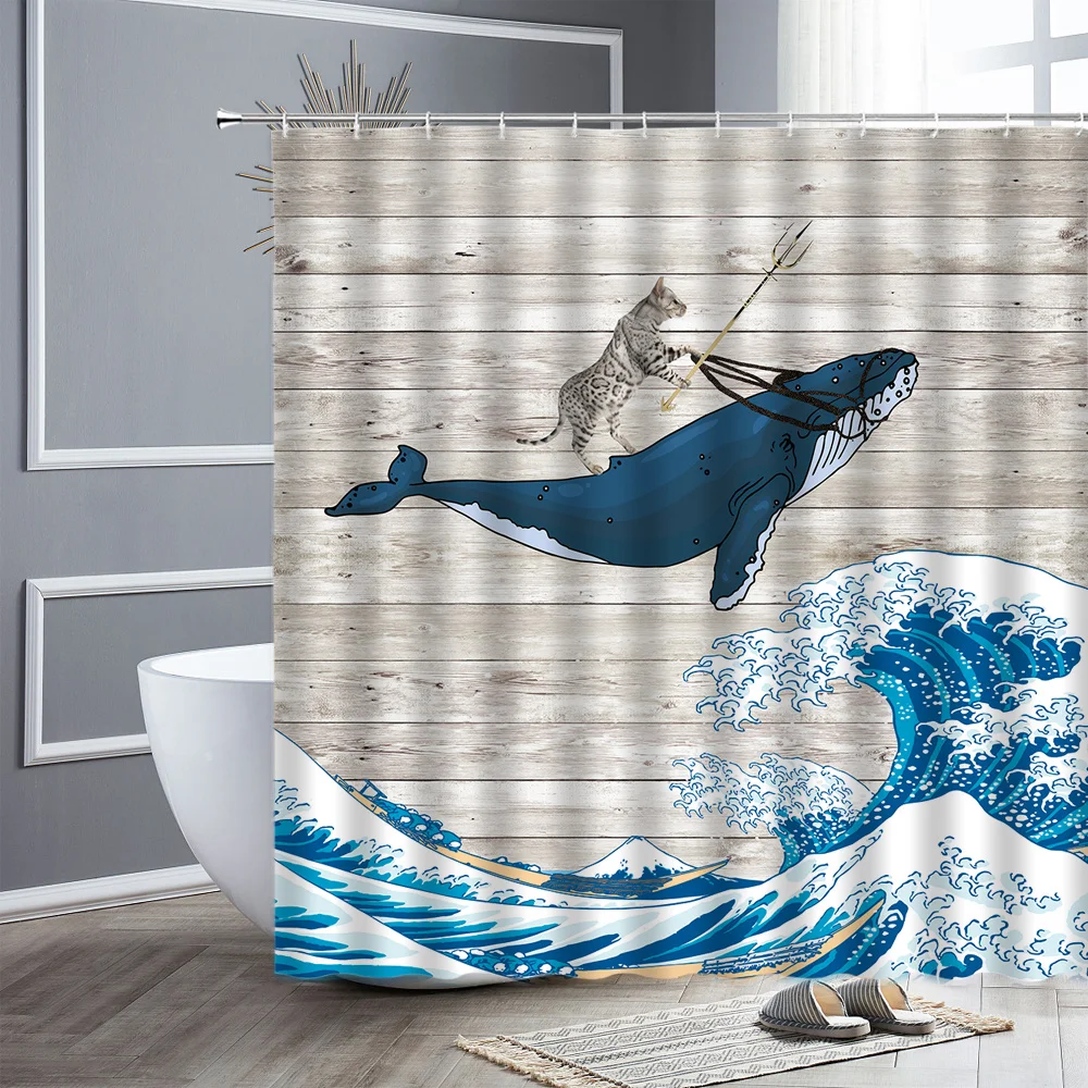 

Funny Cat Riding Whale Waterproof Shower Curtains In Ocean Wave Pattern Creativity Child Bathroom Decor Hooks Cloth Bath Curtain