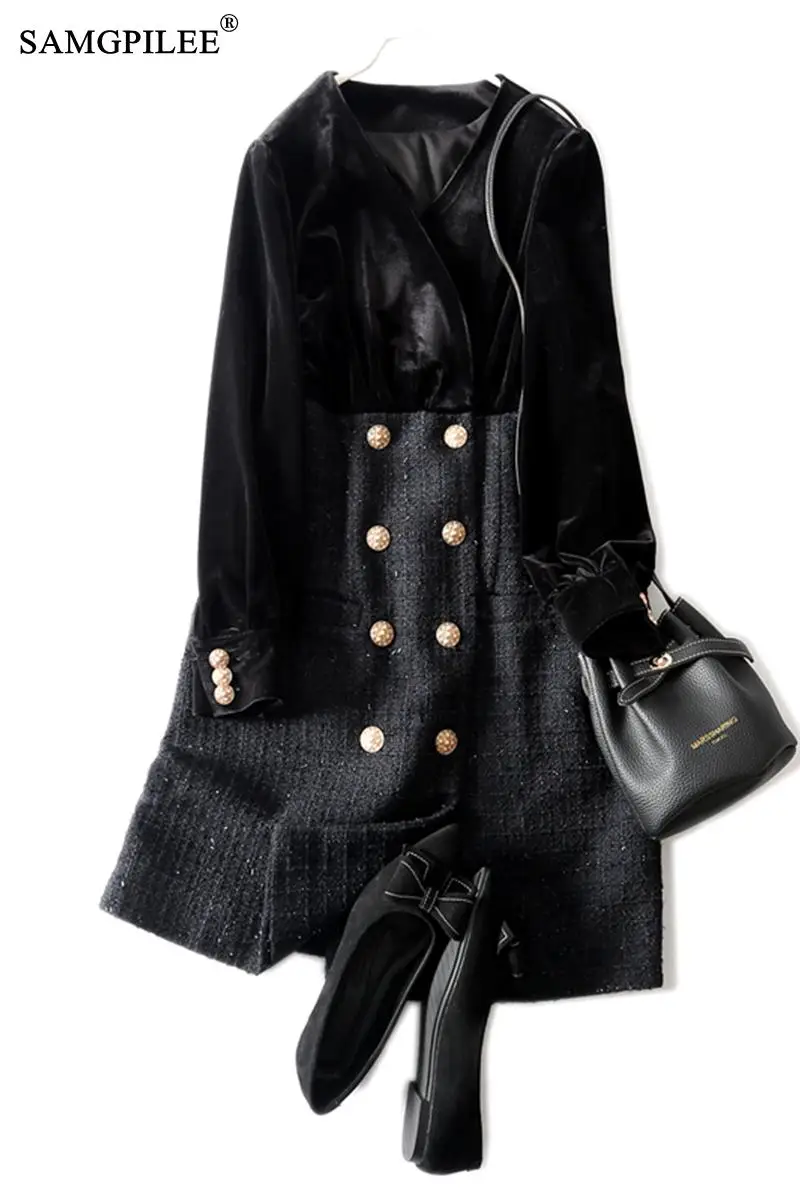 Dress For Women 2021 New Korea Fashion Clothing V-neck Woolen Thick Material Stitching Fake Two-piece Winter Dresses Woman 4XL 
Dress For Women 2021 New Korea Fashion Clothing V-neck Woolen Thick Material Stitching Fake Two-piece Winter Dresses Woman 4XL