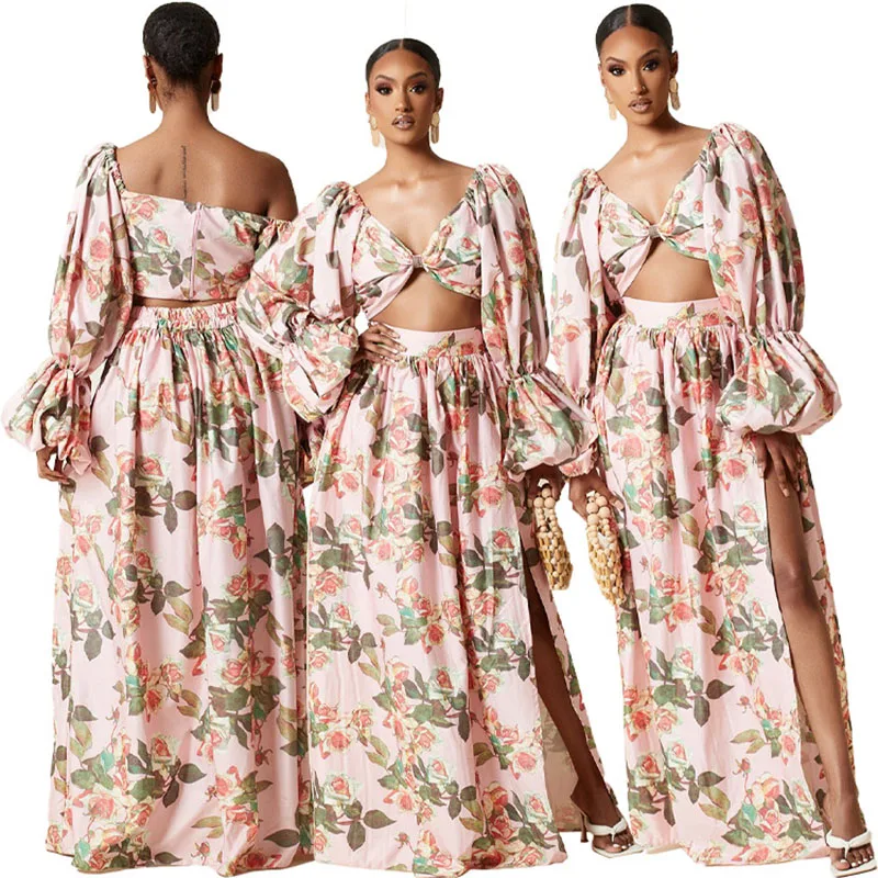 2021 Women New Fashion Flower Print Long Lantern Sleeve Two-piece Suit Sexy Dress V Neck Crop Top with Skirts High Split Elegant
2021 Women New Fashion Flower Print Long Lantern Sleeve Two-piece Suit Sexy Dress V Neck Crop Top with Skirts High Split Elegant