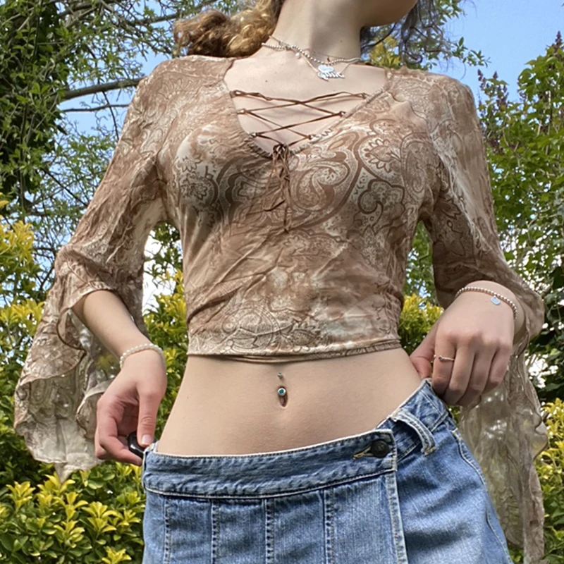 

Fairy Grunge Streetwear Lace-Up Flare Sleeve Mesh T-shirts Y2K Vintage Printing V-neck Lettuce Trim Cropped Tops Khaki Green