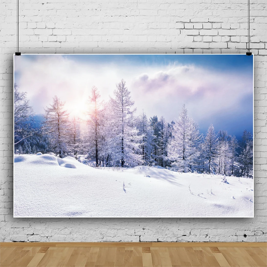 

Laeacco Snow Mountain Pine Forest Sunshine Winter Nature Scenic Photocall Poster Banner Photographic Backgrounds Photo Backdrops