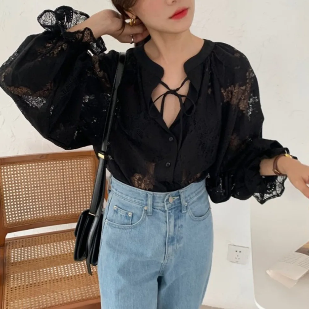Lace Shirt Blouse Women Fashion Elegant Lantern Long Sleeve Transparent V-neck Lace Up Hollow Out Loose Black Blouse Shirt Top
Lace Shirt Blouse Women Fashion Elegant Lantern Long Sleeve Transparent V-neck Lace Up Hollow Out Loose Black Blouse Shirt Top