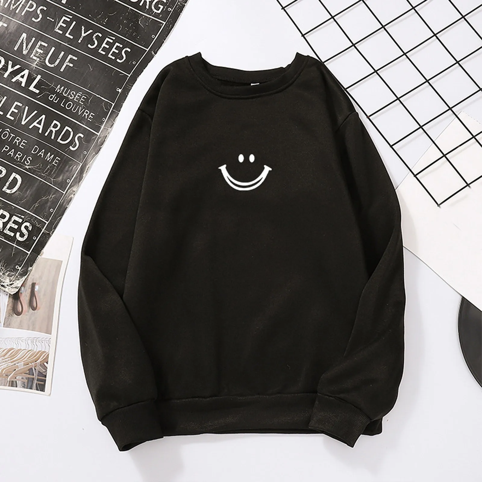 Womens Smile Sweatshirt Long Sleeve O-neck Pullover Top Solid Color Cute Kawaii Sudaderas Con Capucha Moletom Feminino Clothes
Womens Smile Sweatshirt Long Sleeve O-neck Pullover Top Solid Color Cute Kawaii Sudaderas Con Capucha Moletom Feminino Clothes
