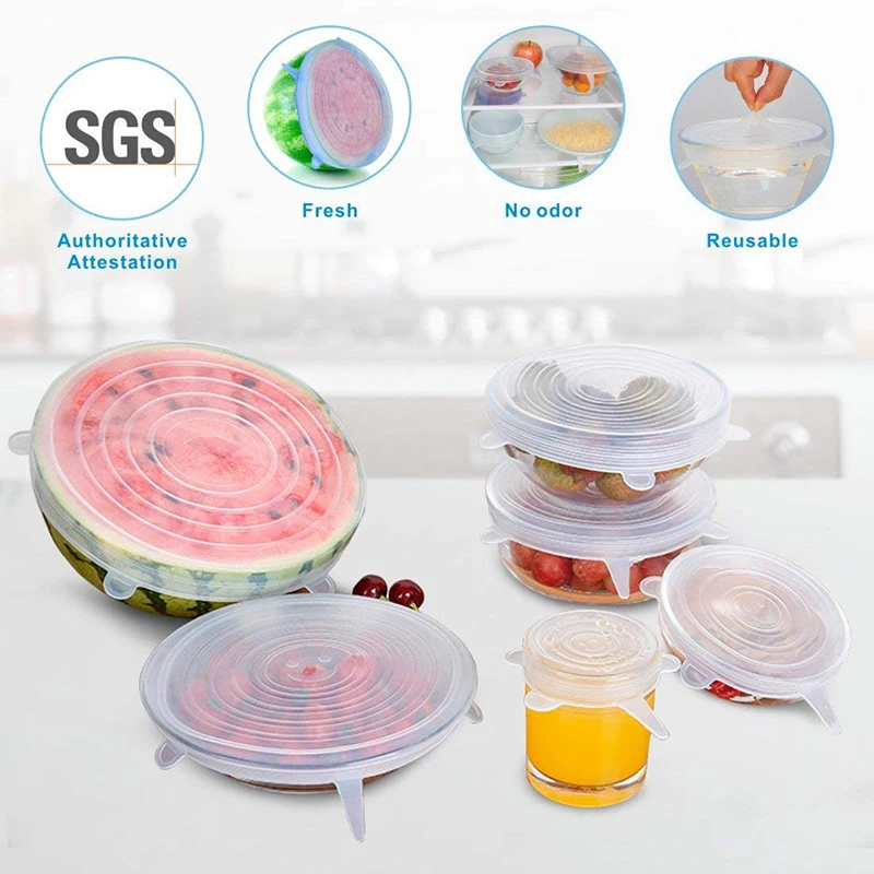 6pcs/set Silicone Lids Durable Reusable Food Save Cover Heat Resisting Fits All Sizes and Shapes of Containers
6pcs/set Silicone Lids Durable Reusable Food Save Cover Heat Resisting Fits All Sizes and Shapes of Containers