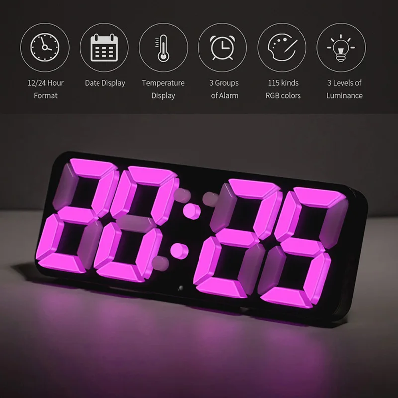 

3D Wireless Digital Alarm Clock USB LED Alarm Clock Thermometer Sound Control 115 Colors 3 Level Brightness Wall/Desktop Clock