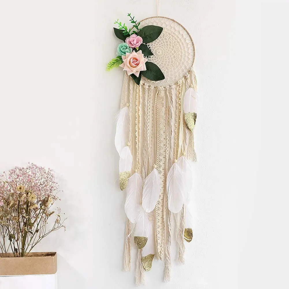 Boho Dream Catchers With White Gold Feather Handmade With Flowers For Wall Hanging Home Decoration Ornament
Boho Dream Catchers With White Gold Feather Handmade With Flowers For Wall Hanging Home Decoration Ornament
