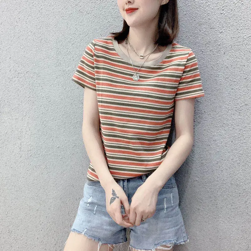 Femme 2021 Striped Knitted Tees Female Round Collar T Shirt Women Slim Short Sleeve T-Shirt Woman Summer Camiseta Casual Top L69
Femme 2021 Striped Knitted Tees Female Round Collar T Shirt Women Slim Short Sleeve T-Shirt Woman Summer Camiseta Casual Top L69