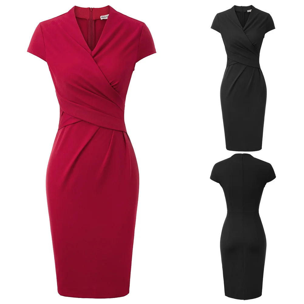 GK Sexy Women's Pleated Pencil Dress Cap Sleeve Surplice V Neck Hips Wrapped Slim Bodycon Elegant Ladies Vestidos Elegant Dress
GK Sexy Women's Pleated Pencil Dress Cap Sleeve Surplice V Neck Hips Wrapped Slim Bodycon Elegant Ladies Vestidos Elegant Dress