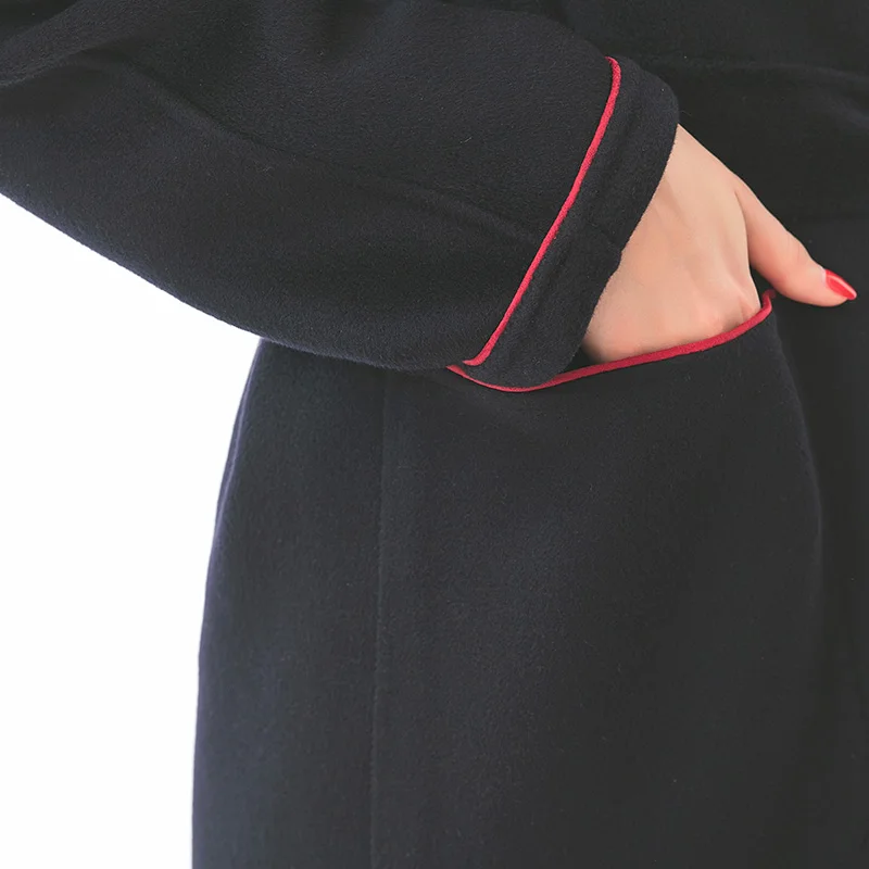 VOA 14.75 Micron Cashmere Lapel Red Piping Lace-up Waist Raglan Sleeve Pocket Navy Blue Coat S782
VOA 14.75 Micron Cashmere Lapel Red Piping Lace-up Waist Raglan Sleeve Pocket Navy Blue Coat S782