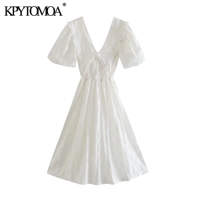 

Женское ажурное платье миди KPYTOMOA, винтажное платье с пышными рукавами и V-образным вырезом, с вышивкой, 2021