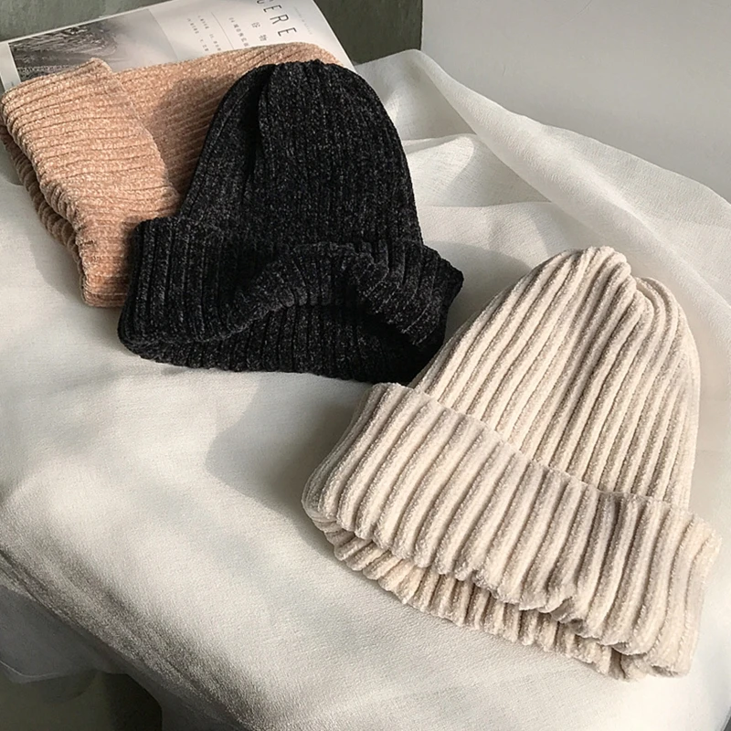 

Women Winter Double Layer Thicken Chenille Velvet Beanie Hat Ribbed Knitted Simple Solid Color Warm Cuffed Skull Cap