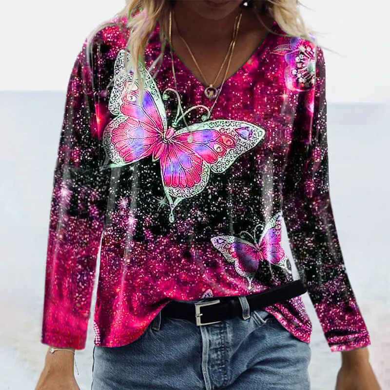 Sweet Butterfly Gradient Print T shirt Women Spring Autumn New Long Sleeve Casual Tee Top Pullovers Female V-neck Loose T shirts
Sweet Butterfly Gradient Print T shirt Women Spring Autumn New Long Sleeve Casual Tee Top Pullovers Female V-neck Loose T shirts