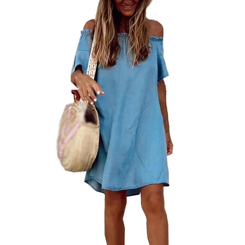 Ladies Ruffled Slash Neck Denim Dress Off Shoulder Summer Mini Dresses Female Elegant Women Clothing
Ladies Ruffled Slash Neck Denim Dress Off Shoulder Summer Mini Dresses Female Elegant Women Clothing