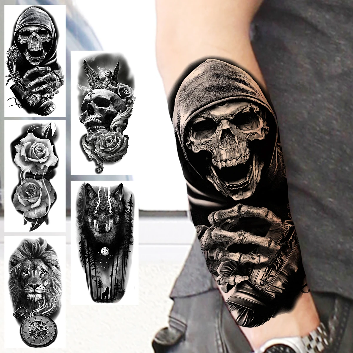 Фото Временные татуировки на Хэллоуин с черным черепом для мужчин реалистичные