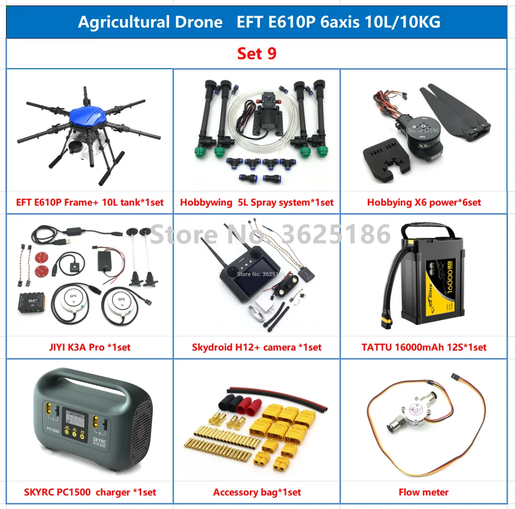 EFT E610S upgrade E610P 10L 10kg agricultural spray drone frame six axis 12S brushless water pump Hobbywing X6 power system kit
EFT E610S upgrade E610P 10L 10kg agricultural spray drone frame six axis 12S brushless water pump Hobbywing X6 power system kit