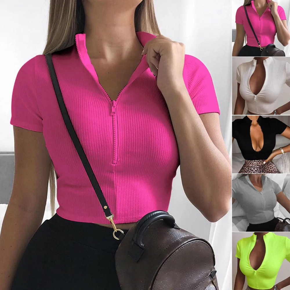 Women Sexy Deep V Neck T-Shirt Slim Crop Tops Casual Short Sleeve T-Shirt Blouse 2021 Summer Fashion Women's T-shirt With Zipper
Women Sexy Deep V Neck T-Shirt Slim Crop Tops Casual Short Sleeve T-Shirt Blouse 2021 Summer Fashion Women's T-shirt With Zipper