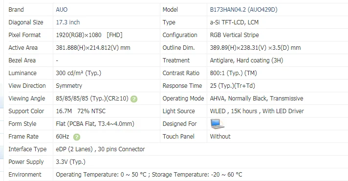 

17.3'' FHD 800:1 Contrast Ratio Laptop lcd screen B173HAN04.2 Fit NV173FHM-N32 Without screw holes 30PIN CONNECTOR