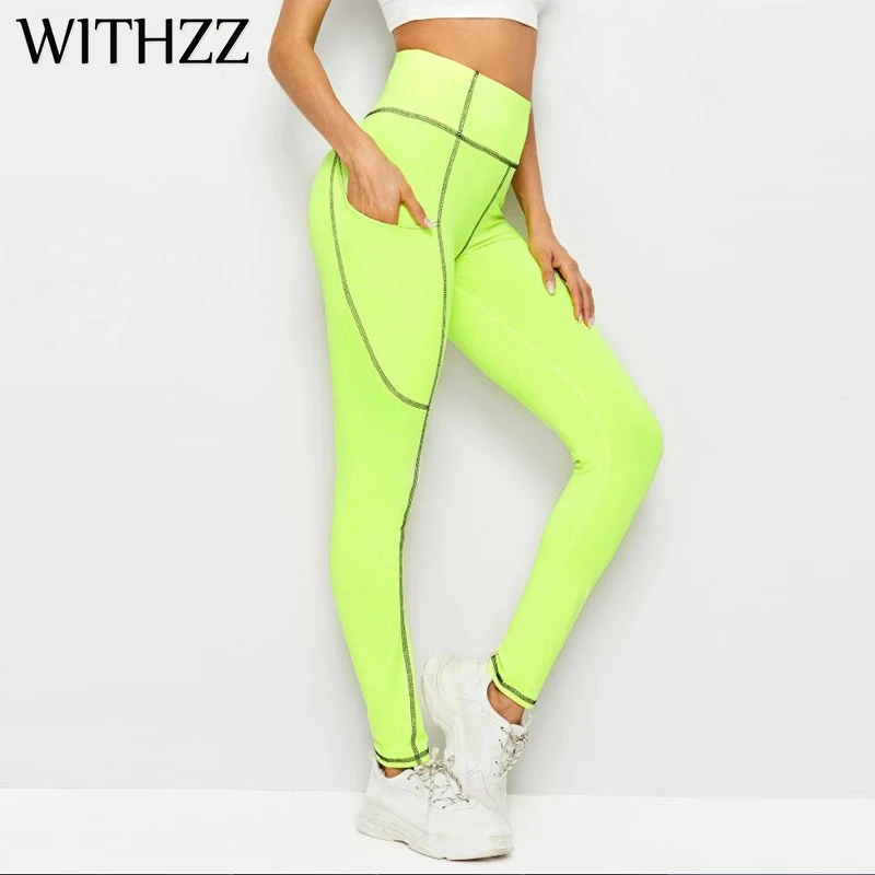 Эластичные флуоресцентные зеленые спортивные Леггинсы WITHZZ женские леггинсы для