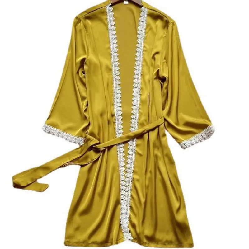 Kimono Robe Gown Summer Satin Wedding Party Loungewear Sexy Thin Summer Dressing With Belt Loose Intimate Lingerie Sleepwear