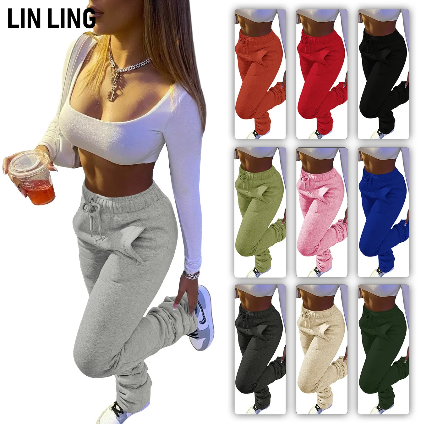 

LINLING Thickened Sweater Fabric Winter Women Elastic Laminated Pants Hot Pocket Casual Drawstring Stacked Pants