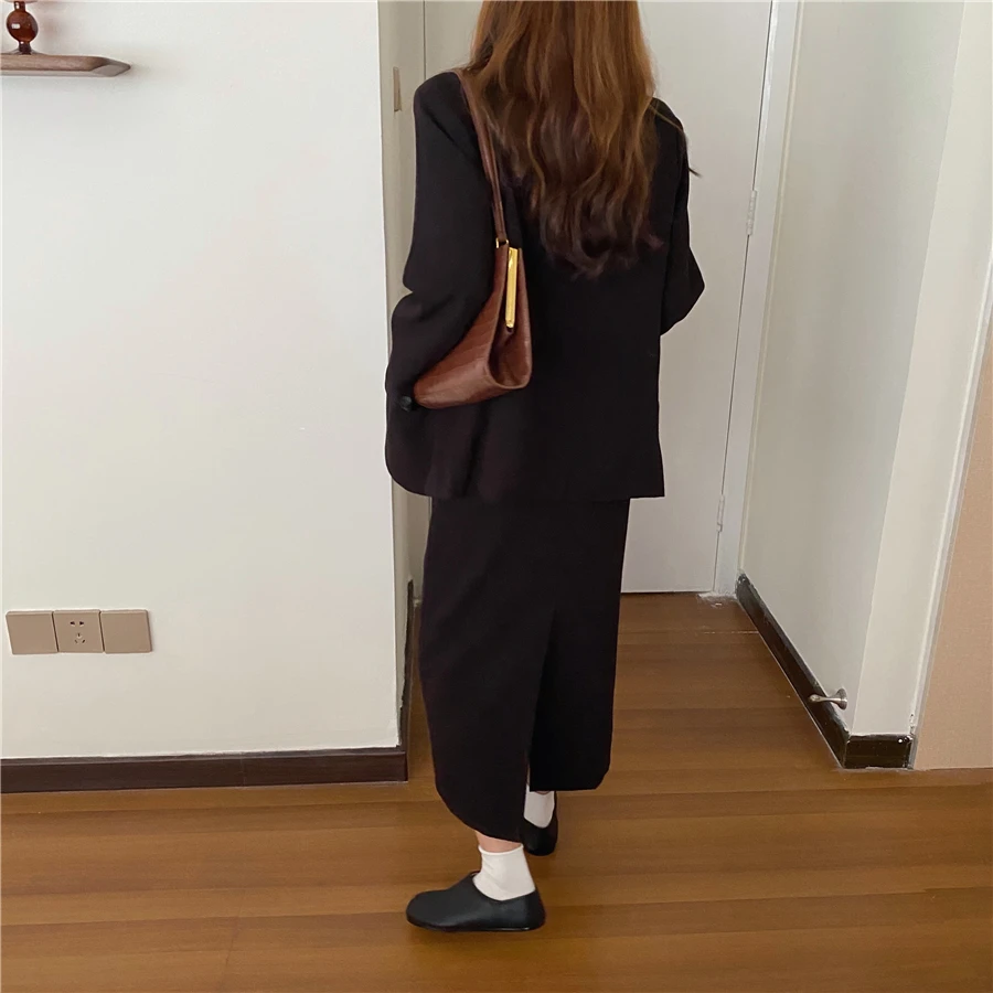 Women's Vintage Two Piece Sets Loose Solid Turn-down Collar Single Breasted Blazers High Waist Split Hem Mid-long Dress 2021 
Women's Vintage Two Piece Sets Loose Solid Turn-down Collar Single Breasted Blazers High Waist Split Hem Mid-long Dress 2021