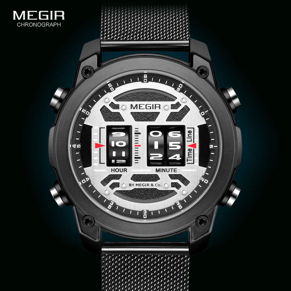 

MEGIR Drum Roller Watch for Men Fashion Mesh Strap Sport Watches Waterproof Army Wristwatch montre часы reloj relogio orologi