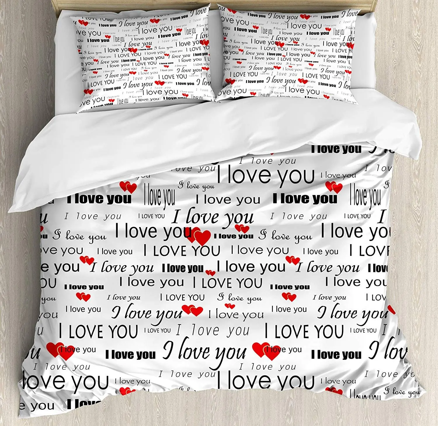 

Romantic Bedding Set I Love You Quote Hearts Romance Couple Valentine Plain Duvet Cover Pillowcase Bedclothes Double Bed Set